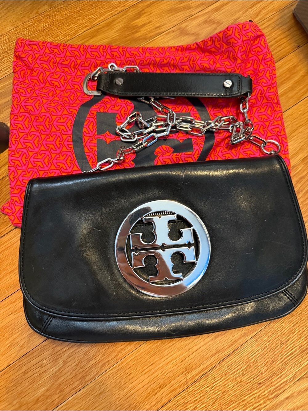 Tory Burch Black Leather Chain Clutch with Silver Logo